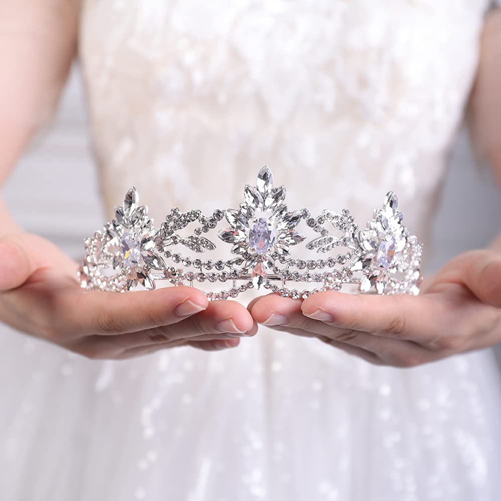 JWICOS Rhinestone Tiara for Women Crystal Queen Crown Wedding Bridal Party (Silver)