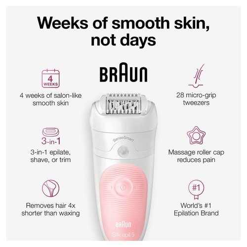 Braun SE5-895 Epilator - Waterproof Hair Removal Device for Women with Shaver & Exfoliator Attachments