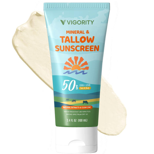 Vigority Tallow Sunscreen SPF 50 - Natural Grass-Fed Beef Tallow & Non-Nano Zinc Oxide | Moisturizing, Non-Greasy, Reef Safe for Adults & Kids (3.4 oz)