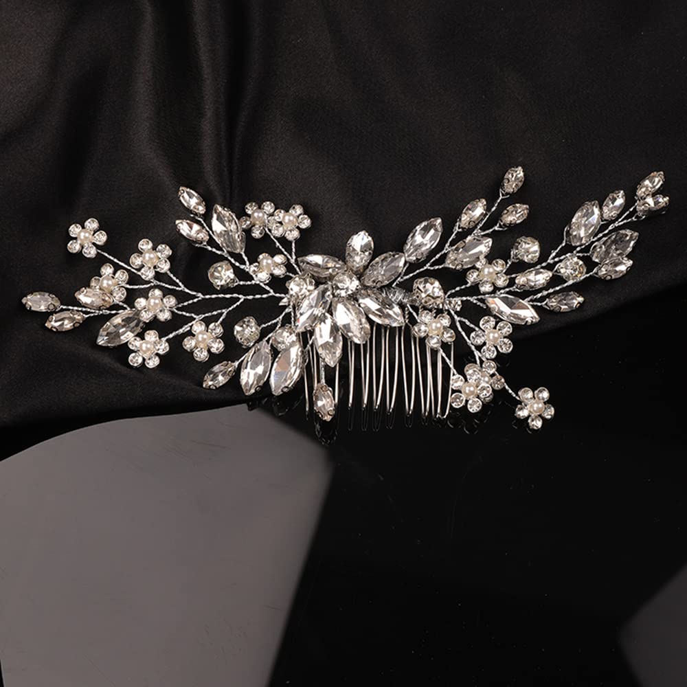 Teyglen Rhinestone Flower Bride Wedding Hair Comb Headband Crystal Hair Pieces Headpieces with Rhinestones Hair Accessories Handmade Bridal Side Hair Combs for Women Bride Girls (Silver)