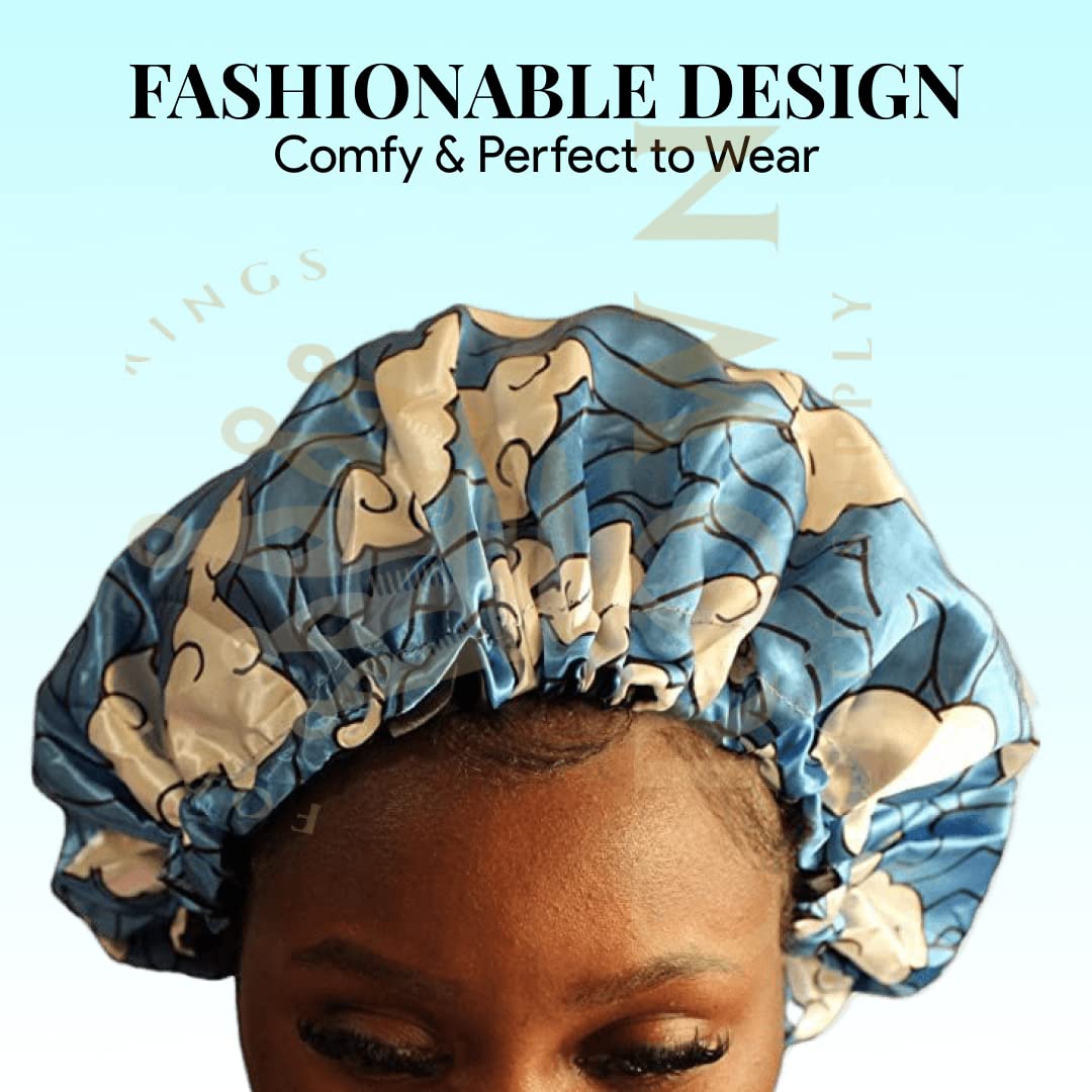 Large Bonnet - Silky Satin Bonnet with Elastic Soft Band (Blue White Water Clouds)