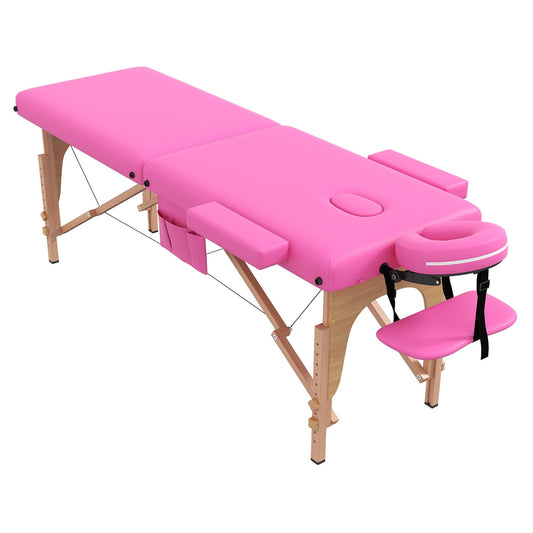 civama Massage Table Massage Bed Portable, 29 LBs Light Weight 2 Section Foldable Tattoo Bed Facial Care Spa Lash Bed Height Adjustable Sturdy Wooden Frame with Accessories Carrying Bag, Pink
