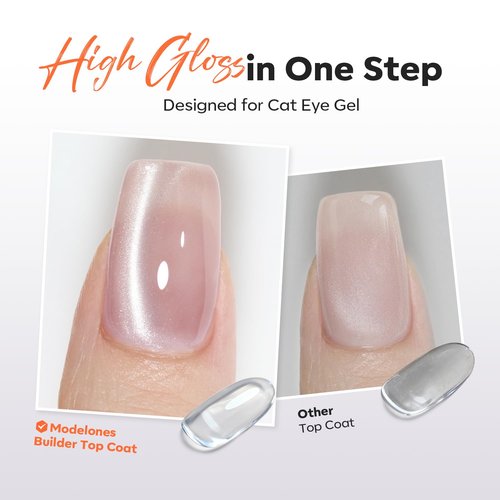 modelones Builder Nail Gel Top Coat 15 ML No Wipe for Cat Eye and Chrome Powder Ultra Gloss Clear Gel Polish Apex Building Nails Strengthener Extension Long Last Soak Off U V Manicure Gift for Women