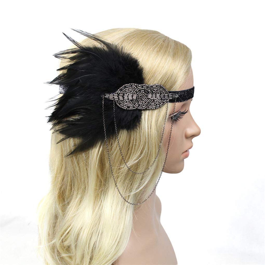 Roaring Art Deco 1920s Headpieces for Women Flapper Headband 20s Gatsby Costume Peacock Hair Accessories 04Qiang Black