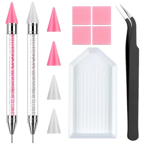 2 Pack Rhinestone Picker Tool Dotting Pen with 4 Wax Tips and Tray, Wax Pencil for Rhinestones, Gem Picker Pen Diamond Jewel Applicator, Rhinestone Tools Kit for Bedazzling DIY Nail Art