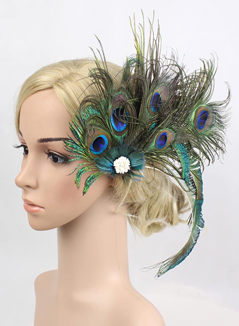 Z&X 1920s Feather Flapper Headband Inspired Leaf Crystal Pearl Headpiece 20's Roaring Hair Accessories for Women Black Gold