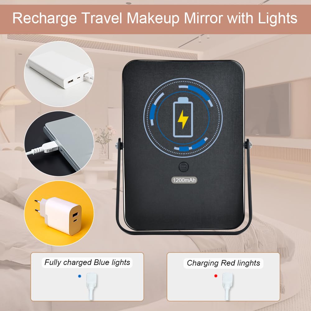 YEKKOPT Rechargeable Makeup Vanity Mirror with Lights, Small Desk Makeup Mirror with Lights, 3 Lighting Modes, Dimmable Touch Screen, Tabletop Light up Mirror