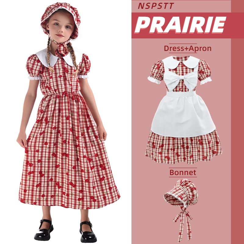 NSPSTT Prairie Dresses for Girls Pioneer Costumes for Girls Amish Dress Colonial Girl Cherry Plaid Dress, Red, XXL age over 4 years old