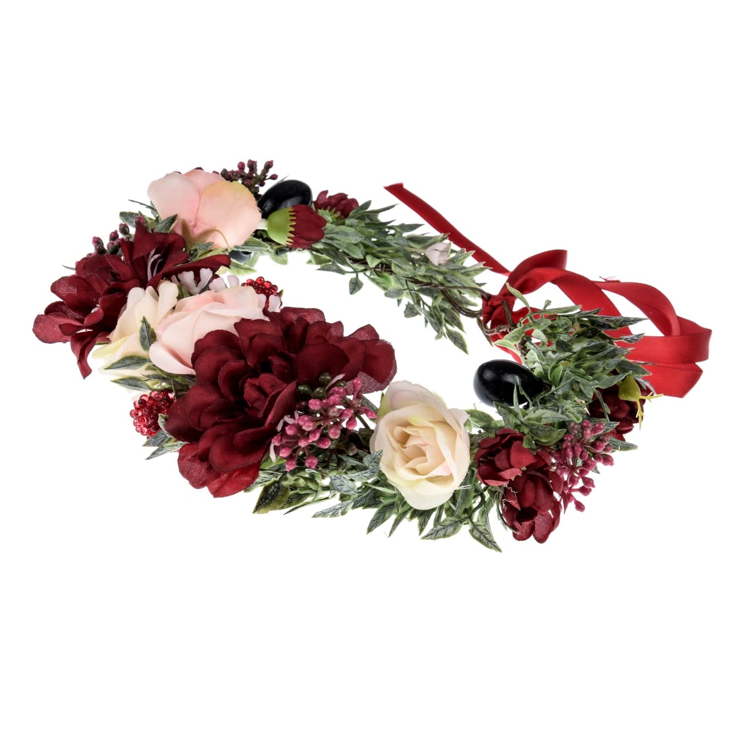 Love Sweety Nature Flower Crown Fruit Headband Boho Garland Wedding Photo Prop (Burgundy Flower)