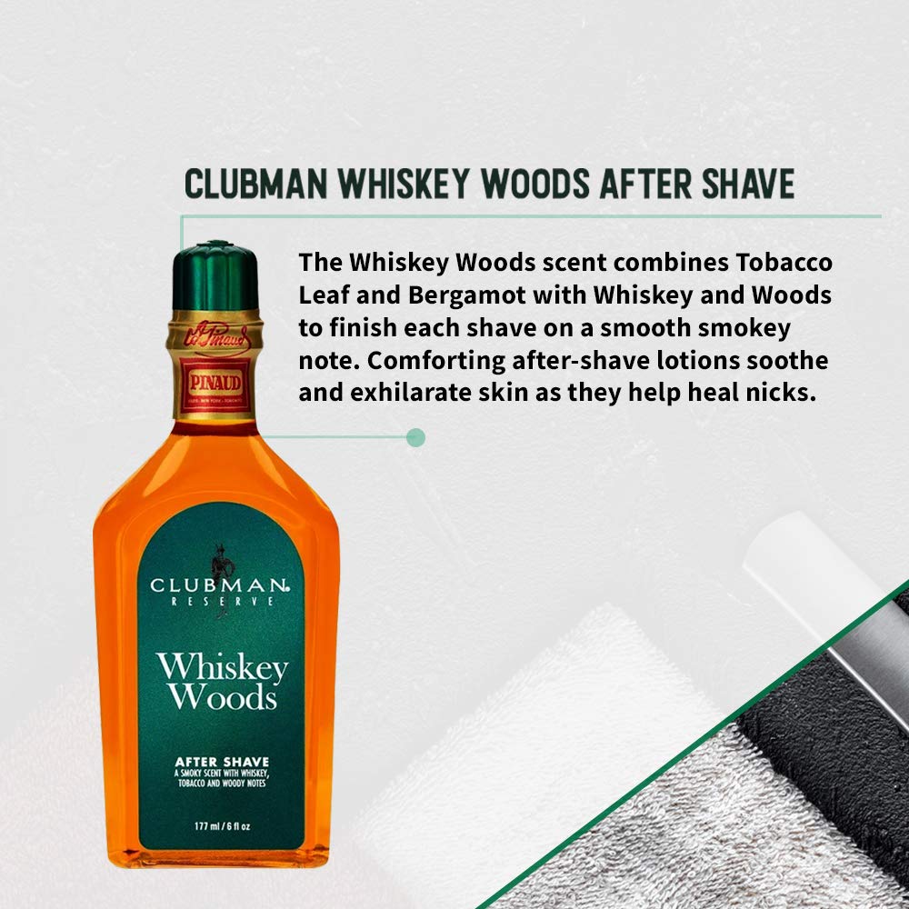 Clubman pinaud shave essentials set, dopp kit with whiskey woods after shave, shave soap, and shave brush