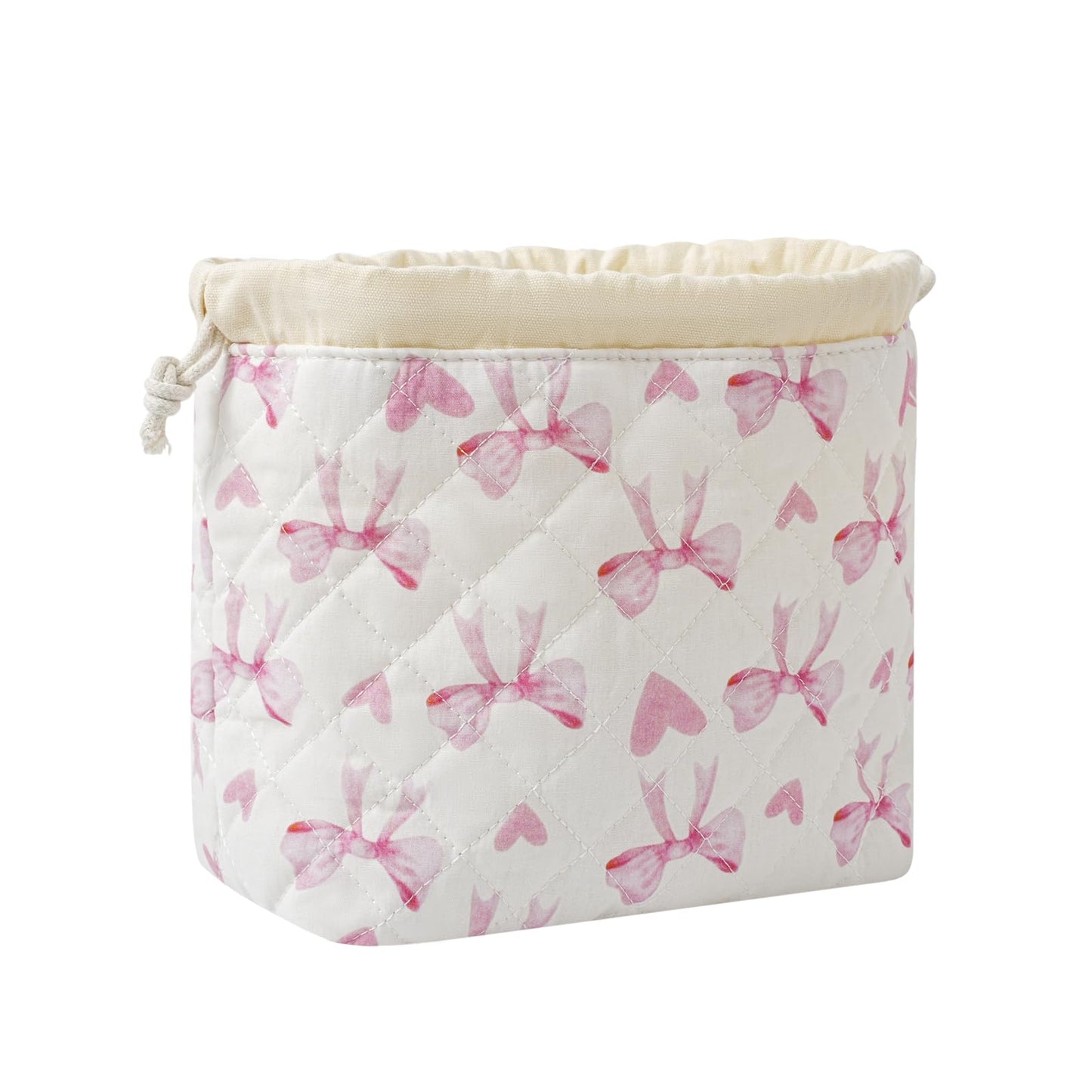 Cotton Quilted Drawstring Makeup Bag with Canvas Lining,Coquette Aesthetic Cute Travel Toiletry Bag,Drawstring Gift Bag for Women and Girls（14Heart Bow）