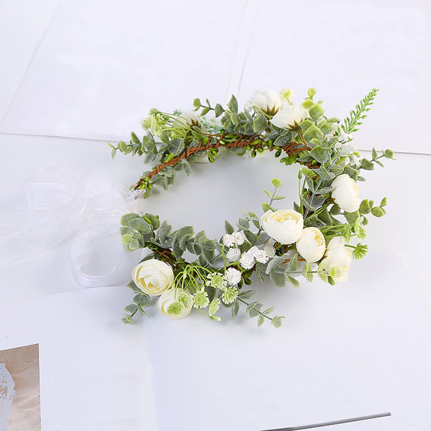 Vivivalue Rose Flower Crown Flower Garland Headband Hair Wreath Floral Headpiece Halo Boho with Ribbon Wedding Party White