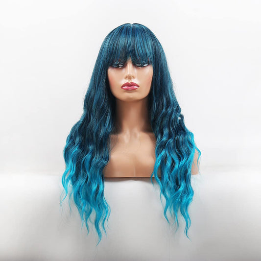 Sharebeauty Synthetic Women Natural Wavy Curly Full Wig with Straight Bangs Ombre Blue