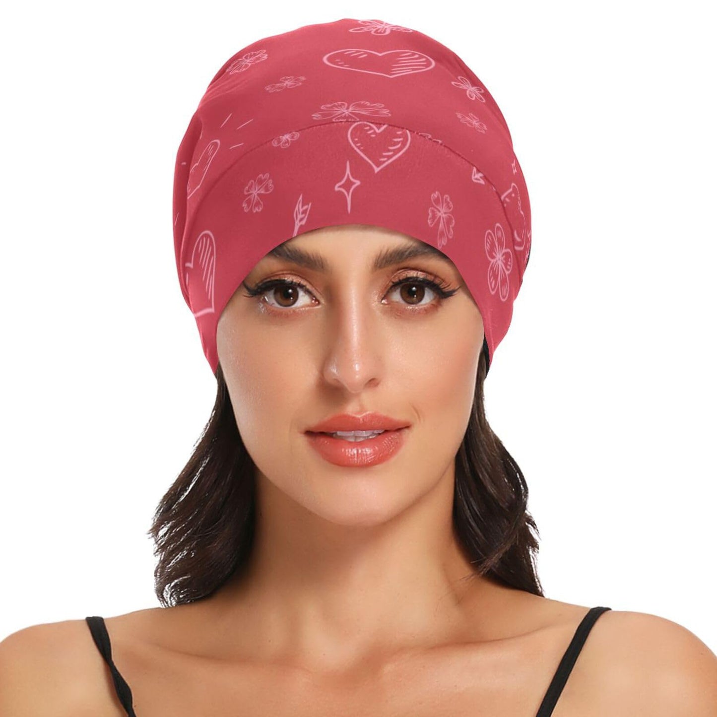 ElliTarr Beanie Hat Satin Bonnet Lined Sleep Cap Hair Wrap Cover Slouchy Beanie for Curly Hair Protection for Gifts for Men Women Valentines Day Heart Floral Red