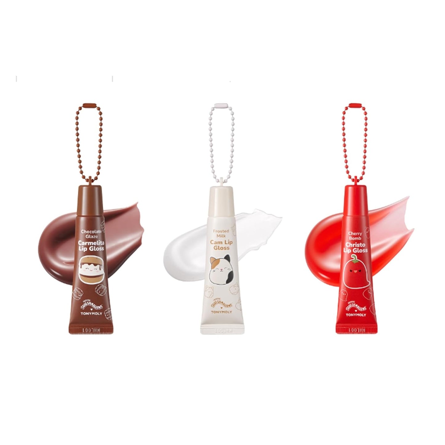 TONYMOLY Hot Fudge Sundae Lip Gloss Set - Keychain Glosses in Frosted Milk, Chocolate Glaze & Sheer Cherry Red, 11ml