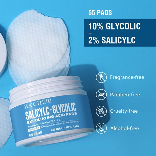 BACHERI Glycolic Acid & Salicylic Acid Peel Pads - Exfoliating Resurfacing Facial Treatment, 55 Pcs