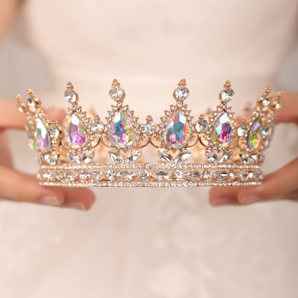 JWICOS Crystal Tiara for Women Rhinestone Bridal Wedding Full Round Tiara Hair Accessories for Girls Princess Tiara Crown Headband for Birthday Party Halloween Costume Prom (AB Rhinestone)