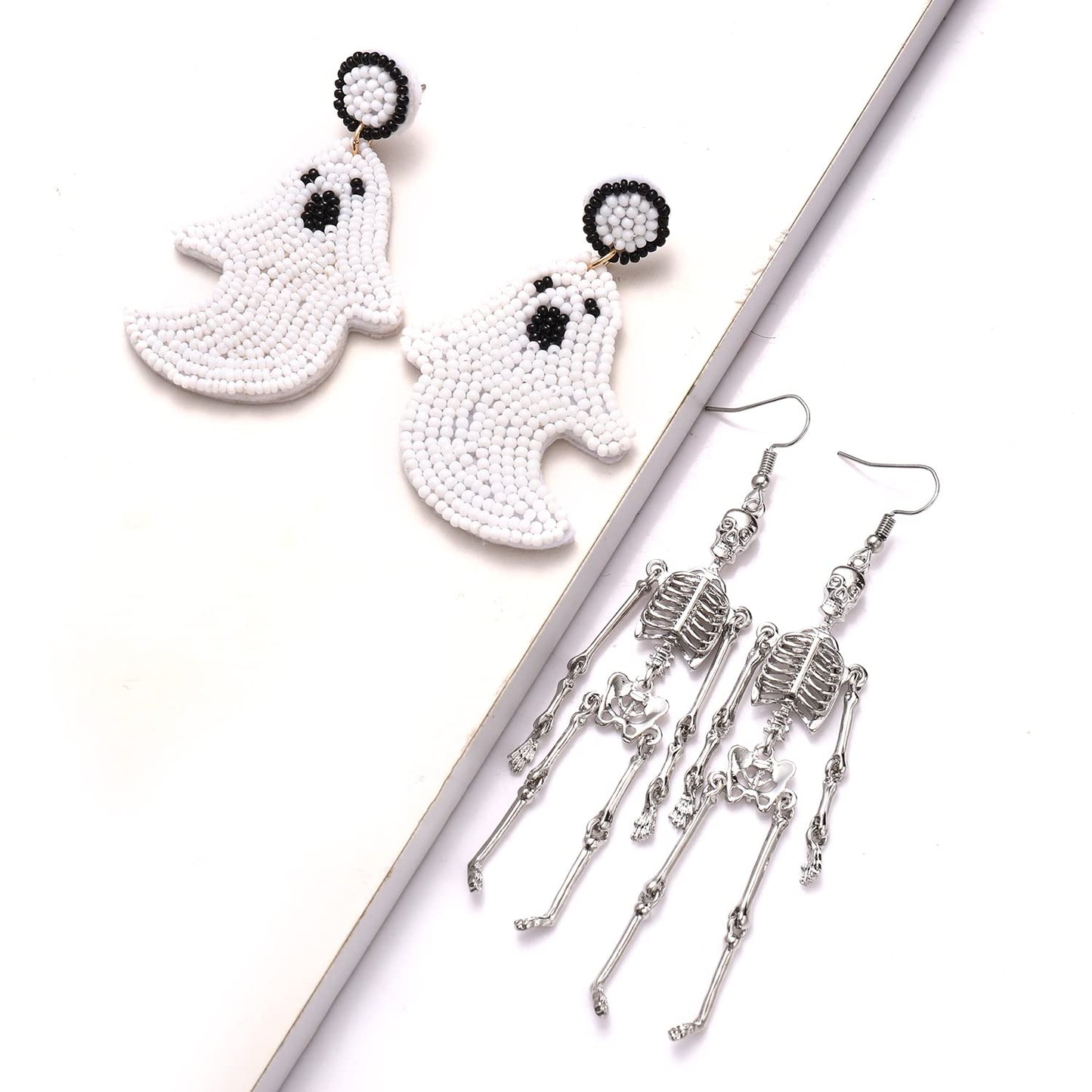 Halloween Earrings Set Beaded Boo Ghost Dangle Earrings for Women Spooky Skeleton Earrings Halloween Costumes Party Jewelry Gifts(Ghost skeleton)