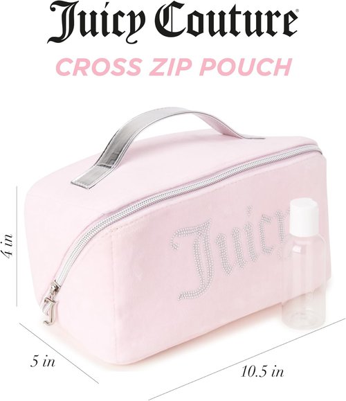 Juicy Couture Pink Makeup Bag - Velour Cosmetics Organizer with Rhinestone Handle for Travel Essentials