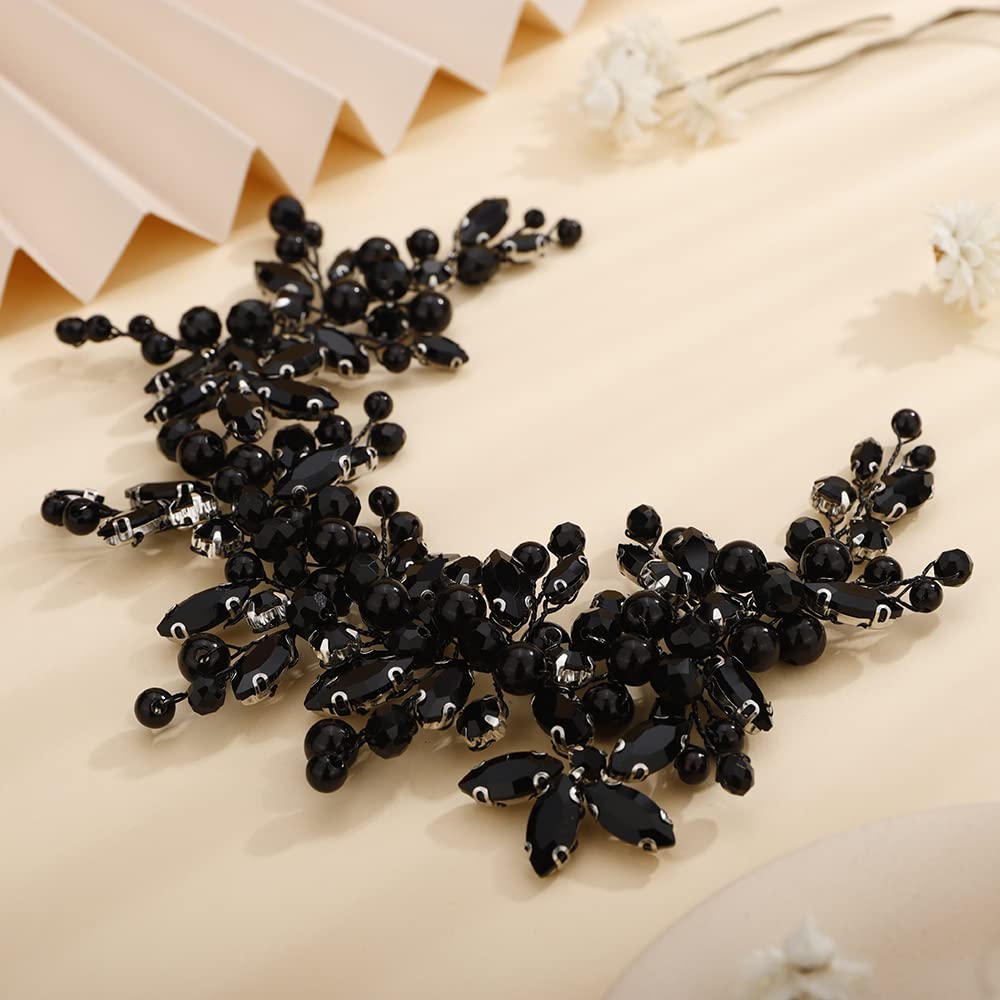 Teyglen Dainty Flower Black Rhinestones Crystal Headband Bride Wedding Pearls Headband Hair Vine Luxurious Hair Accessories Shiny Bridal Headpieces for Women Girls (Black)