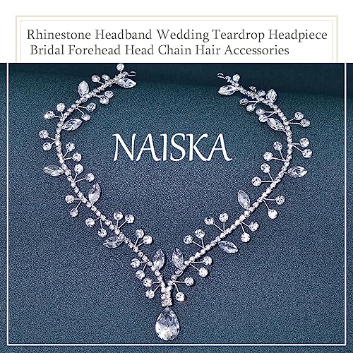 NAISKA Crystal Head Chain Bride Wedding Headband Teardrop Headpiece Bridal Forehead Hair Chain Rhinestone Headpieces Jewelry Prom Costume Hair Accessories for Women and Girls(Silver)