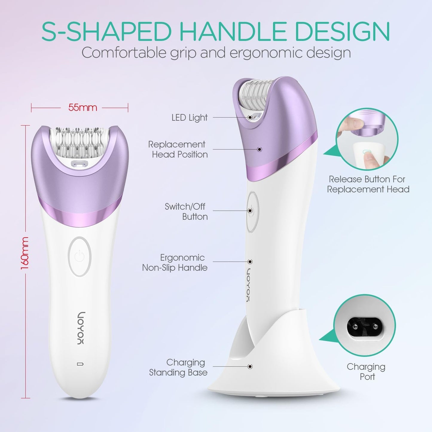 VOYOR Epilator for Women - Cordless 3-in-1 Hair Removal Device with 30 Tweezers | Rechargeable Wet & Dry Shaver (Purple)