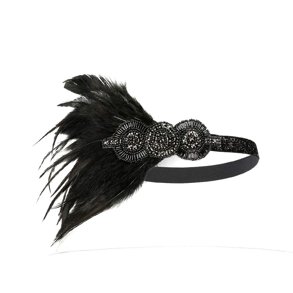 Roaring Art Deco 1920s Headpieces for Women Flapper Headband 20s Gatsby Costume Peacock Hair Accessories 01Black