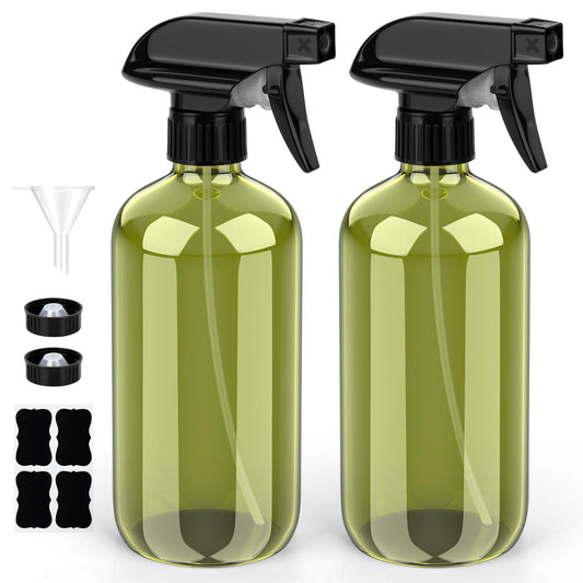 Glass Spray Bottle, Olive Green Glass Spray Bottle Set & Accessories for Non-toxic Window Cleaners Aromatherapy Facial Hydration Watering Flowers Hair Care (2 Pack/16 oz)