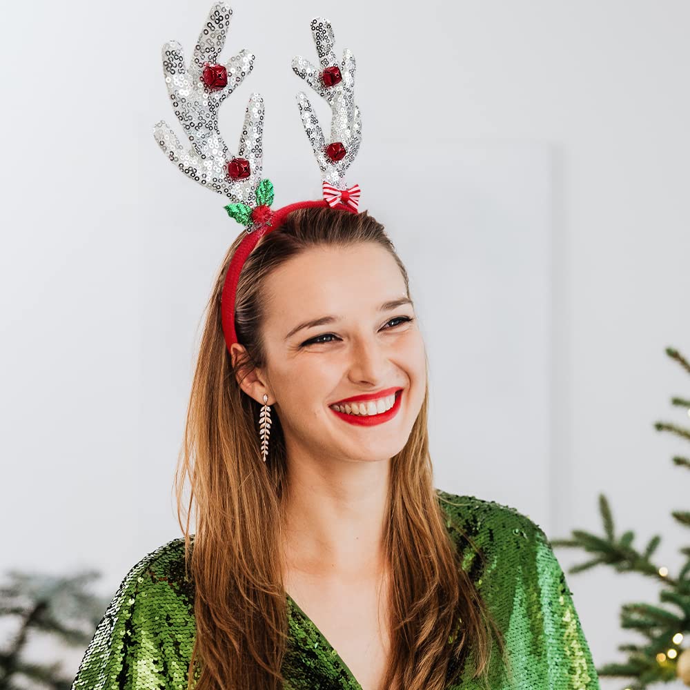 Madison Tyler Christmas Silver Reindeer Antlers with Mistletoe and Jingle Bells Headband for Kids | Cute Soft Headbands for Christmas Party | Holiday Gifts for Girls and Women