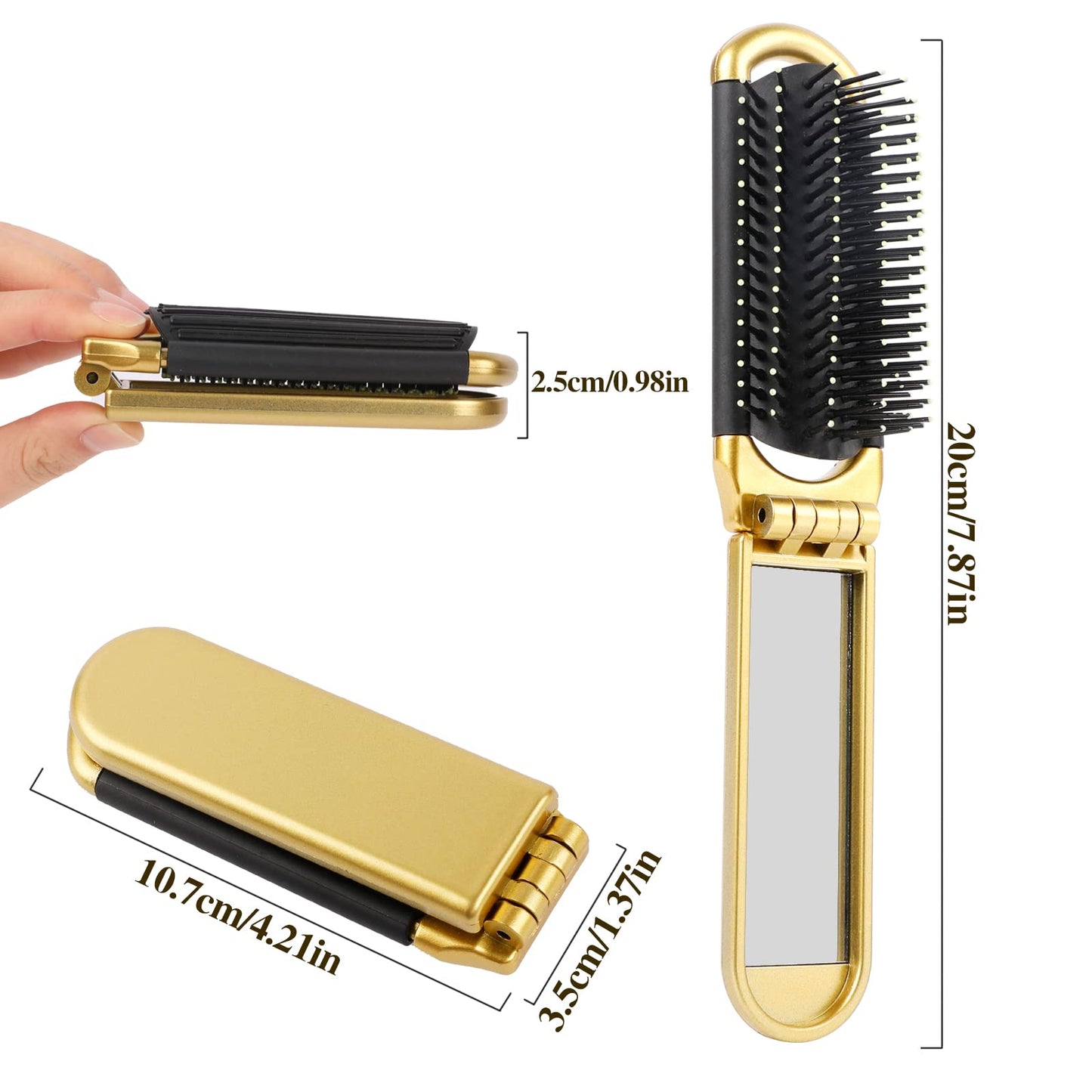 Sliverdew Travel Hair Brush, 2 Pcs Folding Hair Brush with Mini Mirror, Compact Hair Brushes Hair Styling Tools for Gym, Trip, Purse, Swimming, Silver & Gold