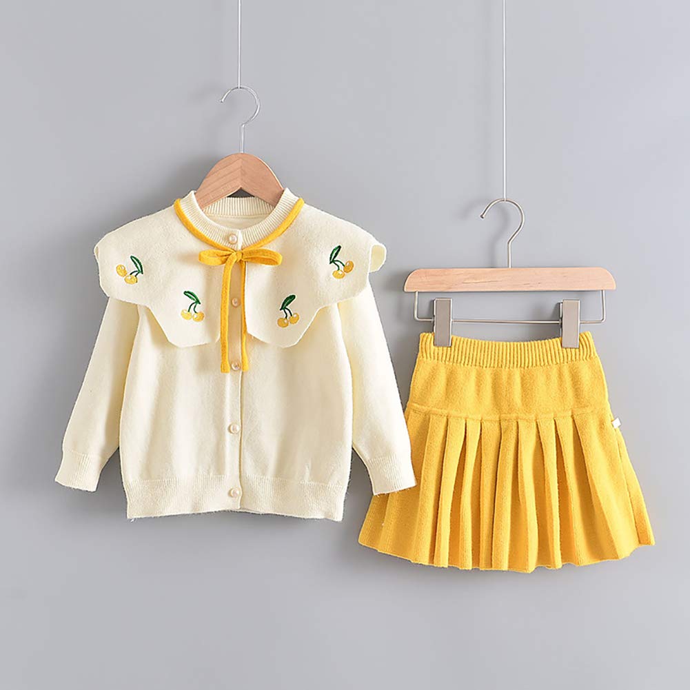 Toddler Baby Girls Autumn Winter Clothes Knitted Button up Long Sleeve Ruffle Bowknot Sweater Tops+Pleated Mini Tutu Skirt 2pcs Outfit Princess Dress up Costume for Kids Yellow-Cherry 4-5 Years