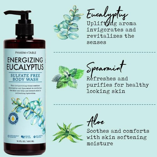 PHARM TO TABLE Eucalyptus Body Wash - Energizing & Revitalizing Formula, Sulfate-Free, 480ml