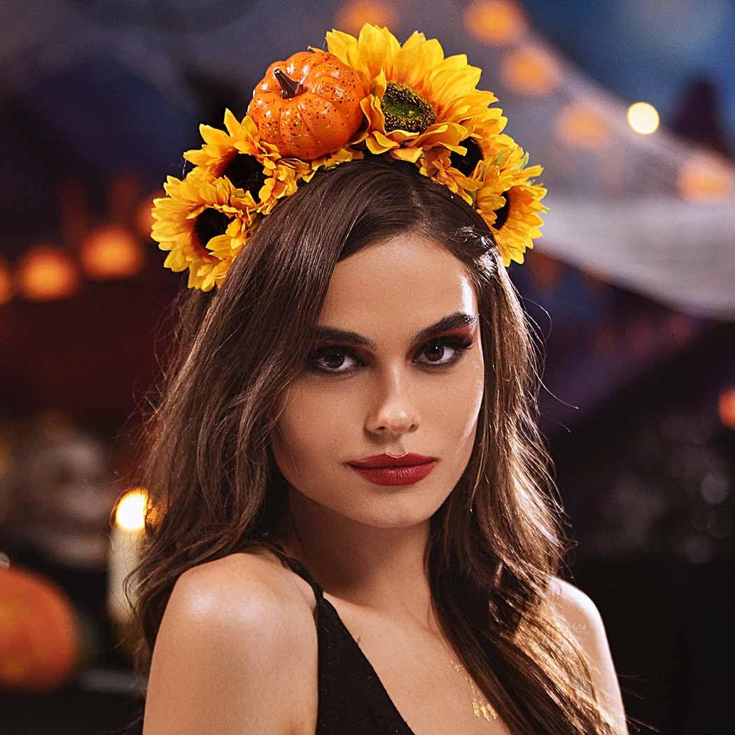 Woeoe Day of The Dead Floral Headband Pumpkin Sunflower Halloween Flower Crown Hairband Festival Costume Party Mexican Floral Headpiece Headdress