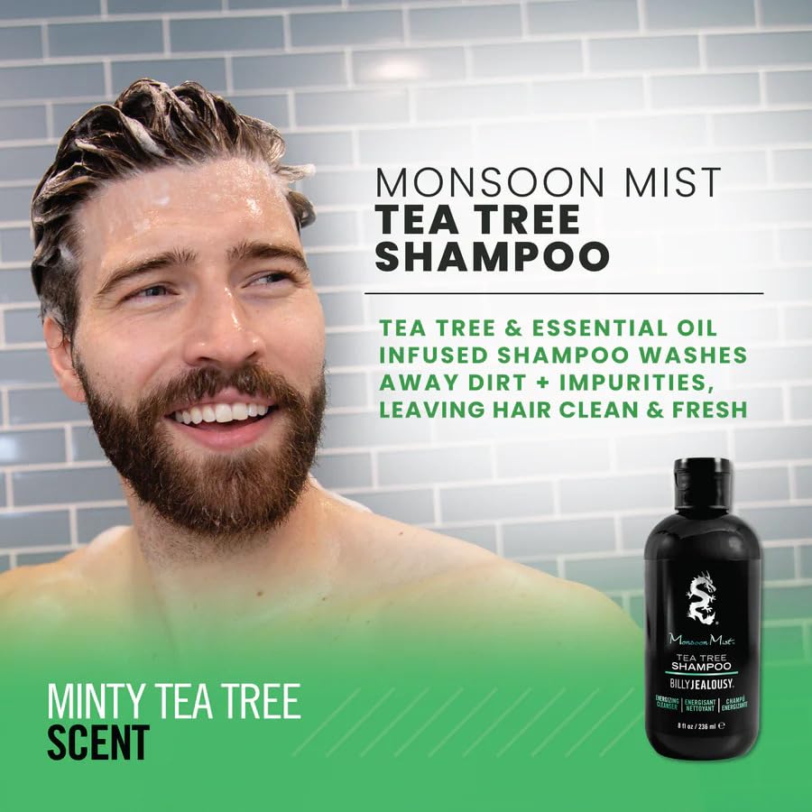 Billy Jealousy Monsoon Mist Shampoo - Energizing Tea Tree Formula with Peppermint & Rosemary, 8 Oz.