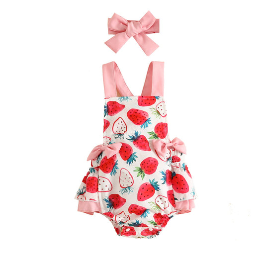 Infant Baby Girl Romper First Birthday Dress Cake Smash Outfits Toddler Strawberry Halloween Cosplay Costume Easter Baptism Christening Romper Wedding Christmas Outfits Pink-Strawberry (2PCS) 0-3M