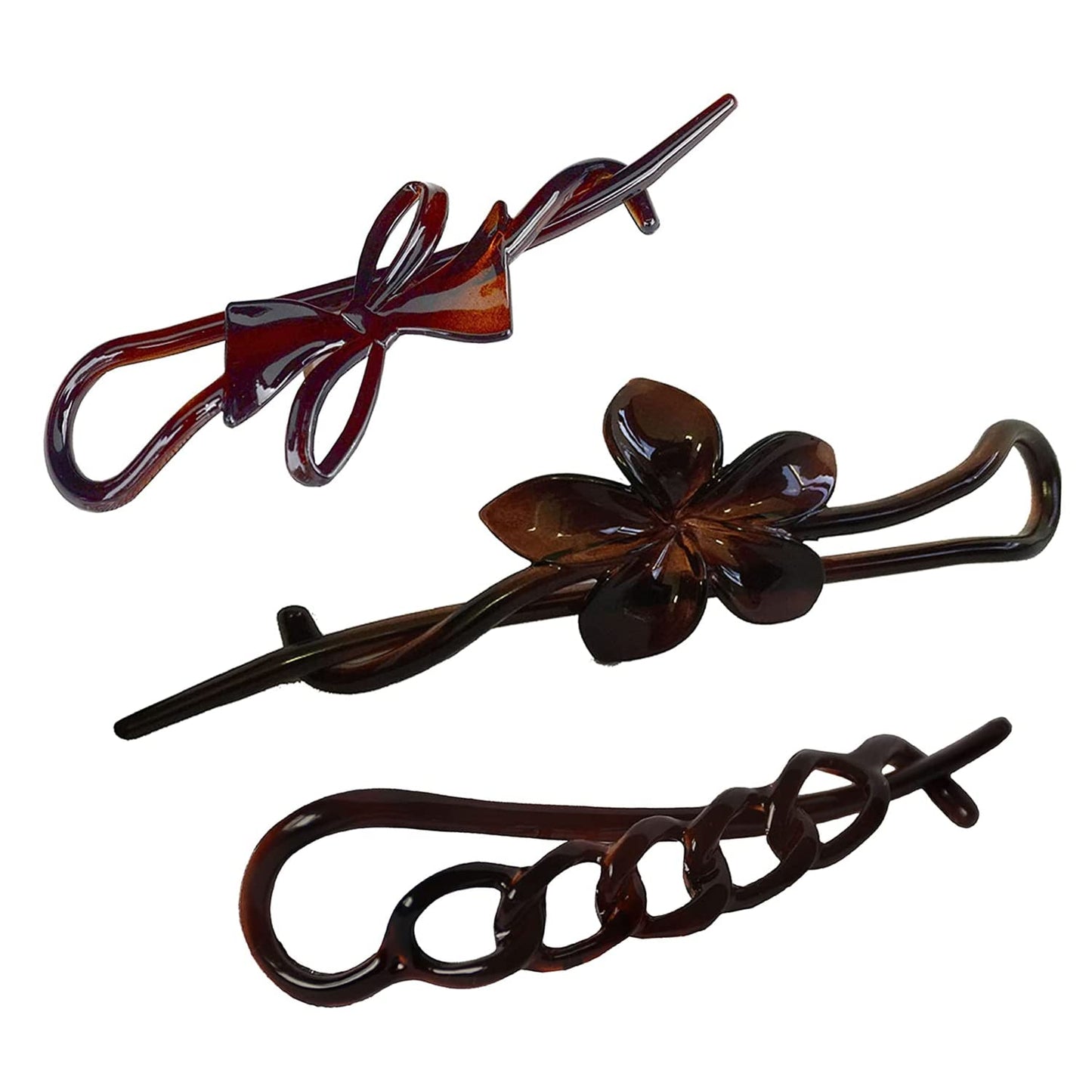 Parcelona French Twist n Clip Flower, Bow and Chain 4" Celluloid Metal Free Hair Barrette Clips Women Hair Accessories, Made in France (Tortoise Shell Brown)