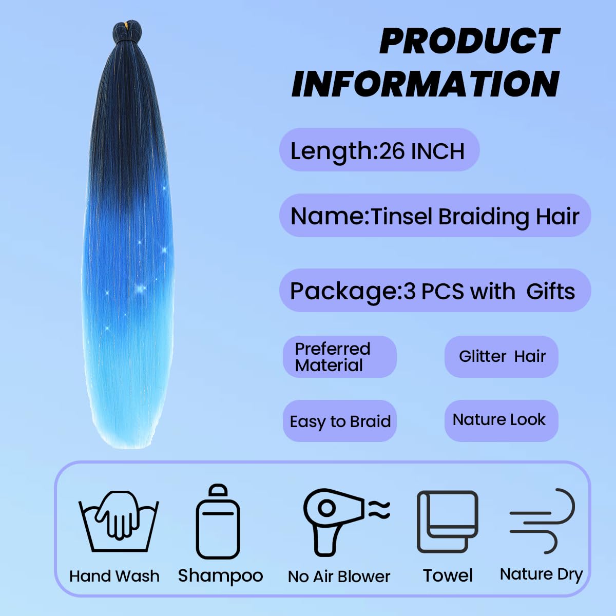 Easy Braid Pre stretched Braiding Hair 28 Inch 3 Packs Jumbo Braiding Hair Synthetic Braiding Hair Extension Twist Braid wigs Hot Water Setting Hair (Blue-Mixed Tinsel)