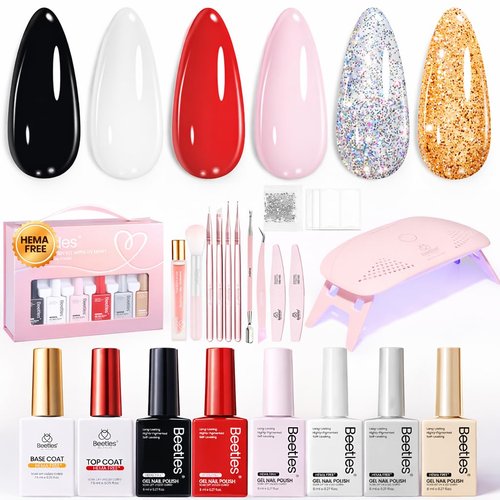 Beetles 22 Pcs HEMA-Free Gel Nail Polish Kit with U V Light - 6 Color Pink Black White Red Shiver Glitter Gel Polish Set Timeless Charm Gift-Ready Package Salon Manicure Kit Women Girls Teens Gifts