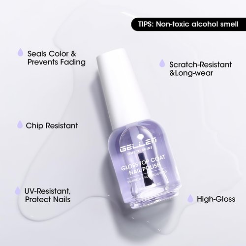 GELLEN Clear Nail Polish Top Coat, High Gloss Shine Top Coat Quick Air Dry UV-Resistant, Long Wear and Scratch Resistant, Chip Resistant, Protects Color & Nails, Non UV Gel, Hema Free, Non-toxic