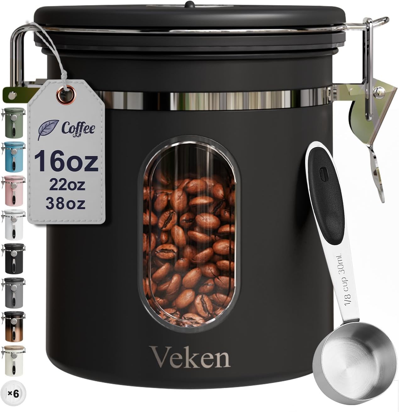 Veken Coffee Canister with Window, Airtight Stainless Steel Kitchen Food Storage Container with Lids, Date Tracker and Scoop for Grounds Coffee, Beans, Tea, Flour, Cereal, Sugar Jars, 16OZ, Black