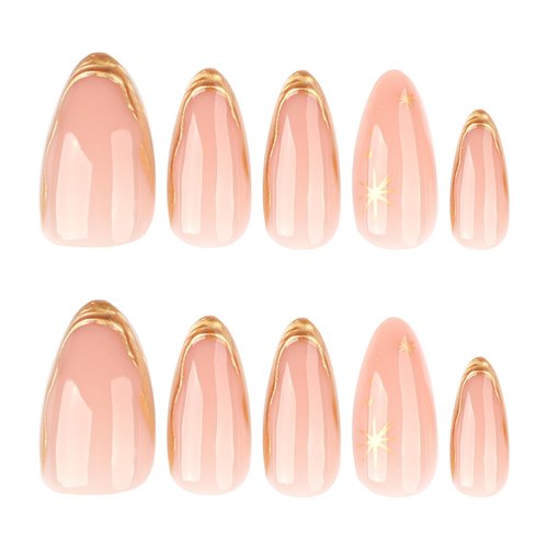 evpct Gold French Tip Press on Nails Almond Medium, Nude Pink + Gold Line Tips, Stick on Nails Medium Almond for Women, Full Cover Perfectly Fit Handmade Soft Gel Artificial Fake False Nail Kit
