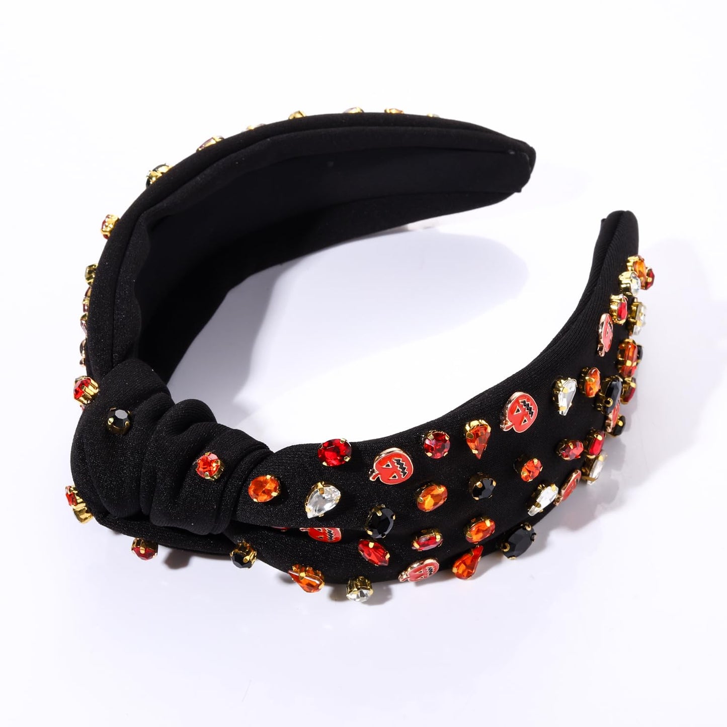 NVENF Halloween Headband Accessories for Women Crystal Pearl Knotted Headband Embellished Beaded Pumpkin Candy Corn Boo Headbands Rhinestone Jeweled Top Knot Headband Costume Party Favors (Pumpkin 6)