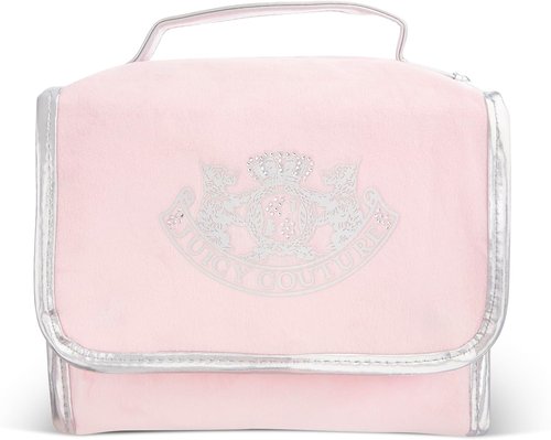 Juicy Couture Pink Makeup Bag - Stylish Cosmetics Organizer with Hanging Hook & Rhinestone Crown