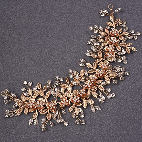 Teyglen Flower Leaf Crystal Handmade Hair Vine Large Rhinestones Headpiece Wedding Hair Accessories for Brides and Women (Gold)