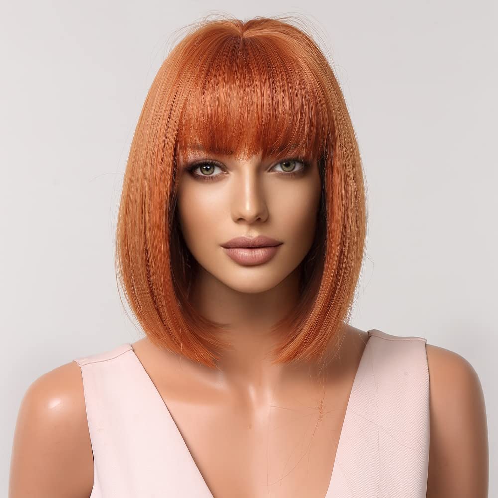 BERON Auburn Wig for Women Red Copper Bob Wig Short Straight Dark Orange Wig with Bangs Synthetic Heat Resistant Wig Cap Included (Auburn)