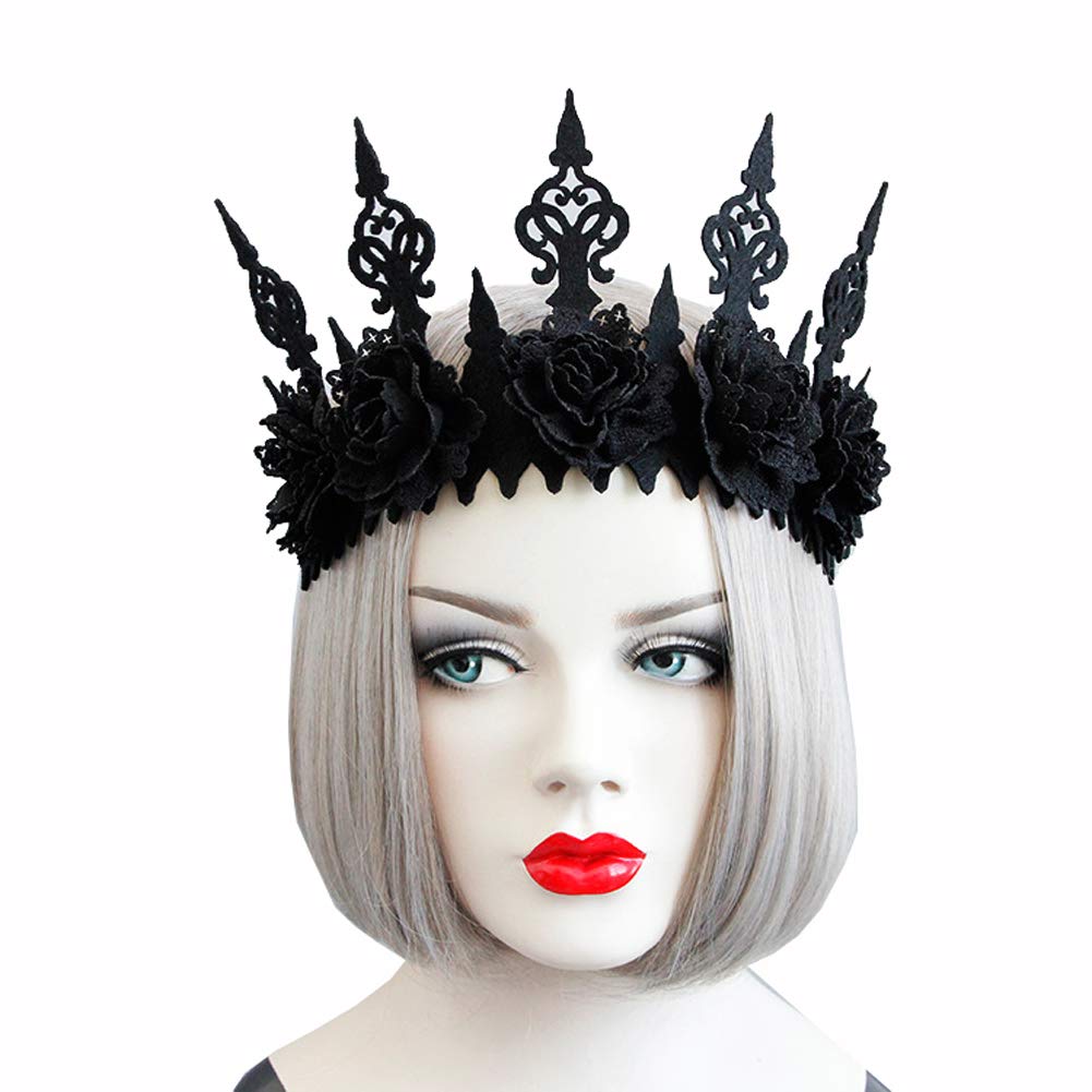 Love Sweety Halloween Vintage Crown Rose Headband Gothic Floral Headpiece (A Black)