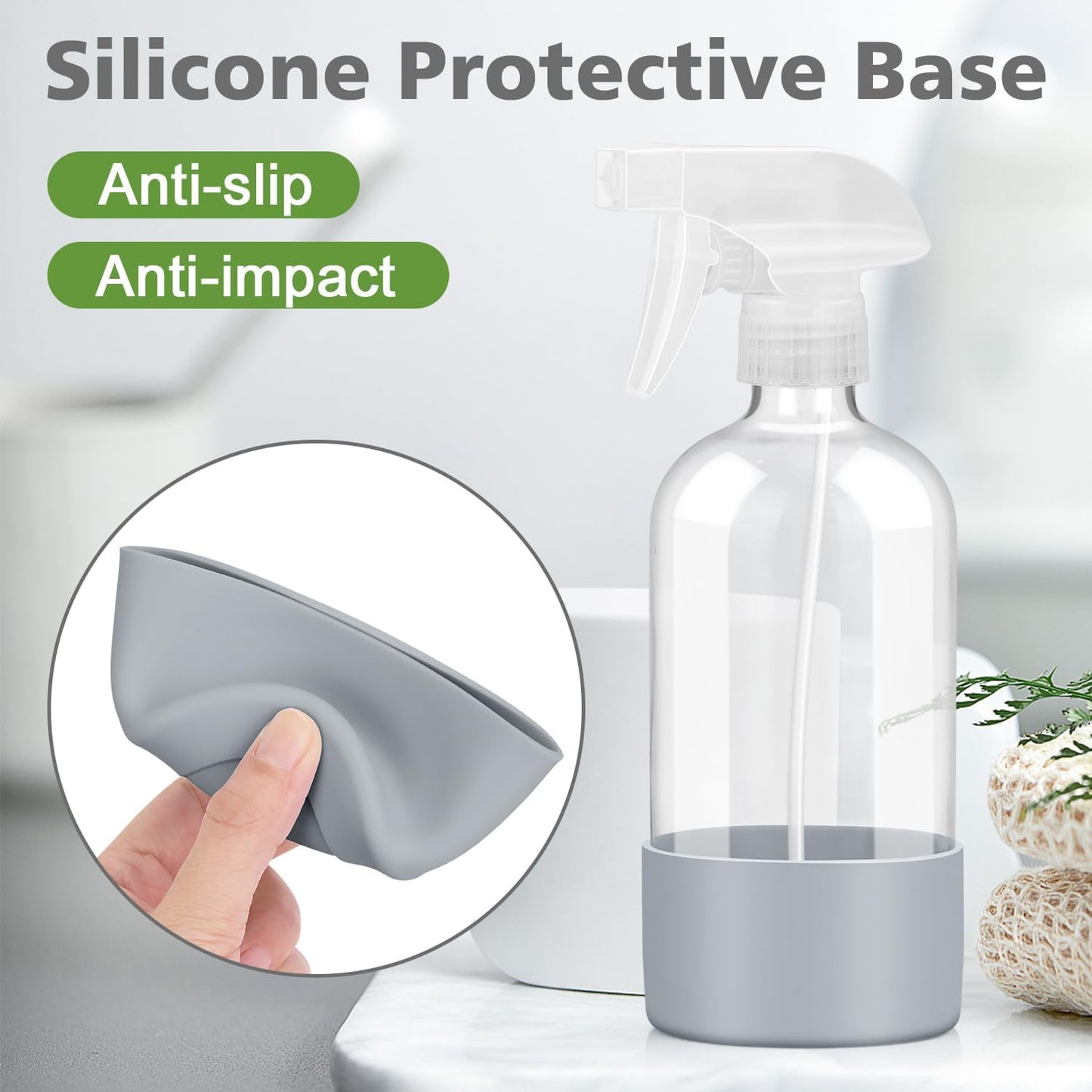 Rionisor Glass Spray Bottles with Silicone Sleeve Protection, Empty 16 oz Refillable Containers, Reusable Spray Bottles for Hair, Cleaning Solutions, 3 Pack Grey&Pink&Purple