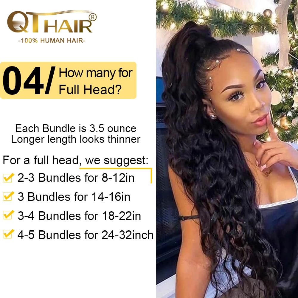 QTHAIR 14A Loose Deep Wave 4 Bundles Peruvian Virgin Hair 24 22 20 18inch Deep Wave Human Hair Bundles 100% Unprocessed Deeep Wave Bundles Natural Black Color Double Weft for Black Women