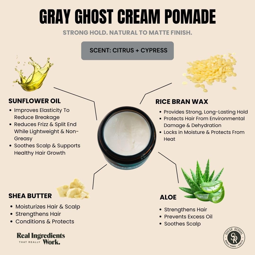 Shear Revival Gray Ghost Cream Pomade - Vegan Hair Styling Cream for All Hair Types, Strong Hold, 3.4oz | Natural Matte Finish, Citrus & Cypress Scent