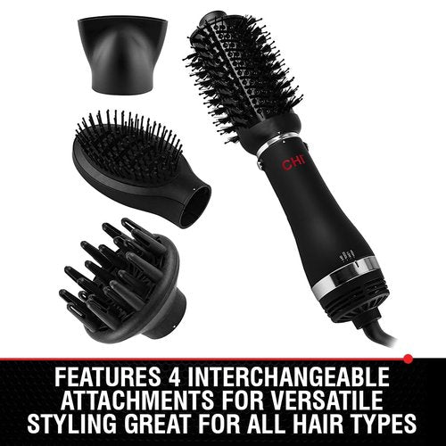 CHI Volumizer 4-in-1 Blowout Brush - Ceramic Ionic Hair Dryer with 4 Attachments, 1000W, Black